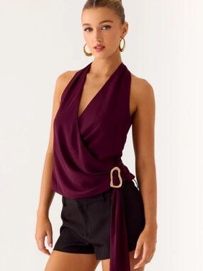 Peppermayo Plum Halter Wrap Top with Gold Buckle